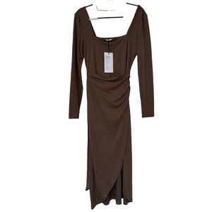 Exlura Women’s Tan Square Neck Wrap Front Midi Dress Size S‎